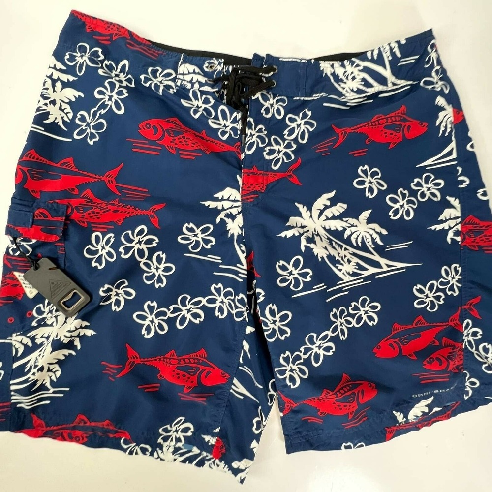 Columbia Sportswear PFG Mens Fishing Trunks  Blue Red Floral Drawstring Swim 42